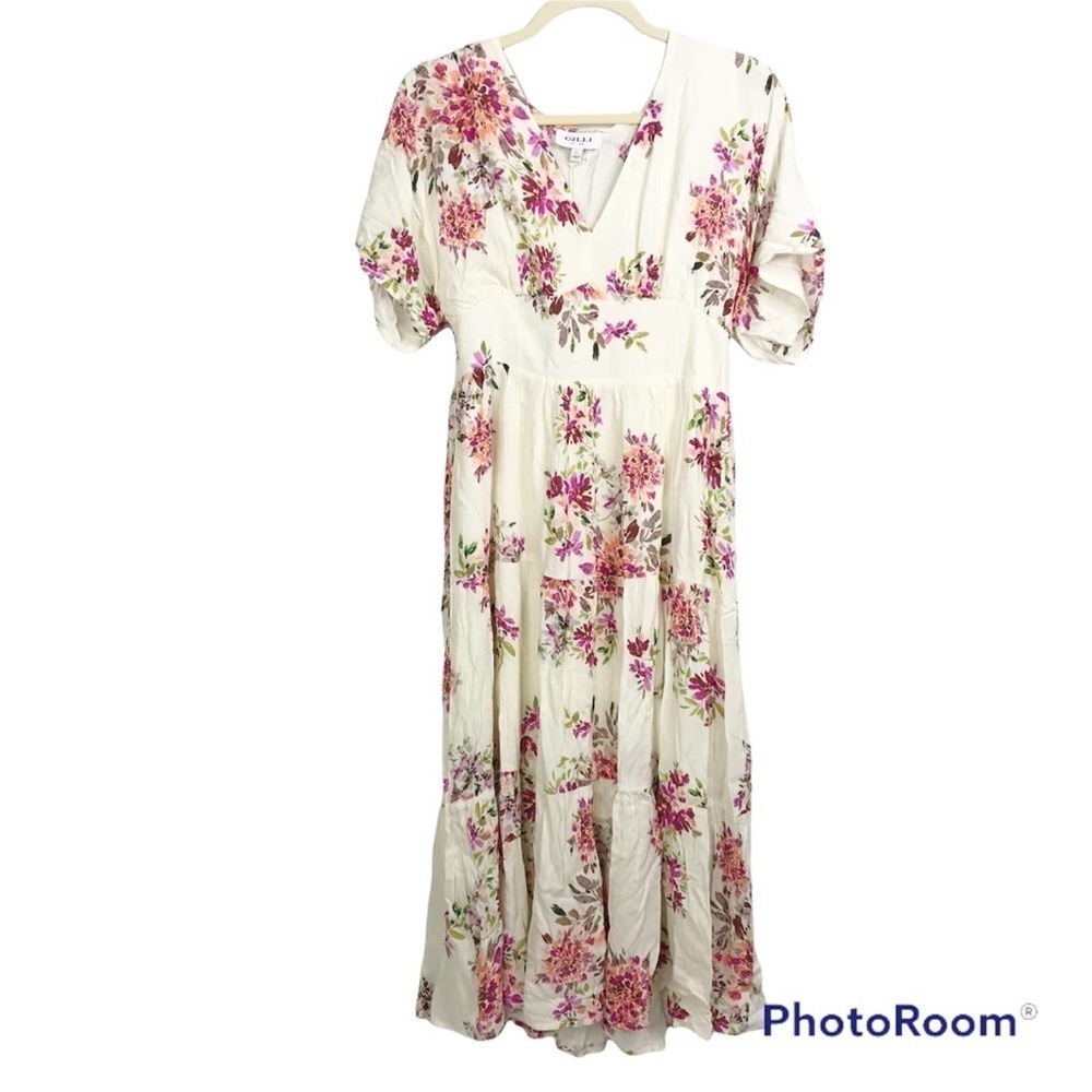 Gilli floral print v neck tiered midi dress size L nwt